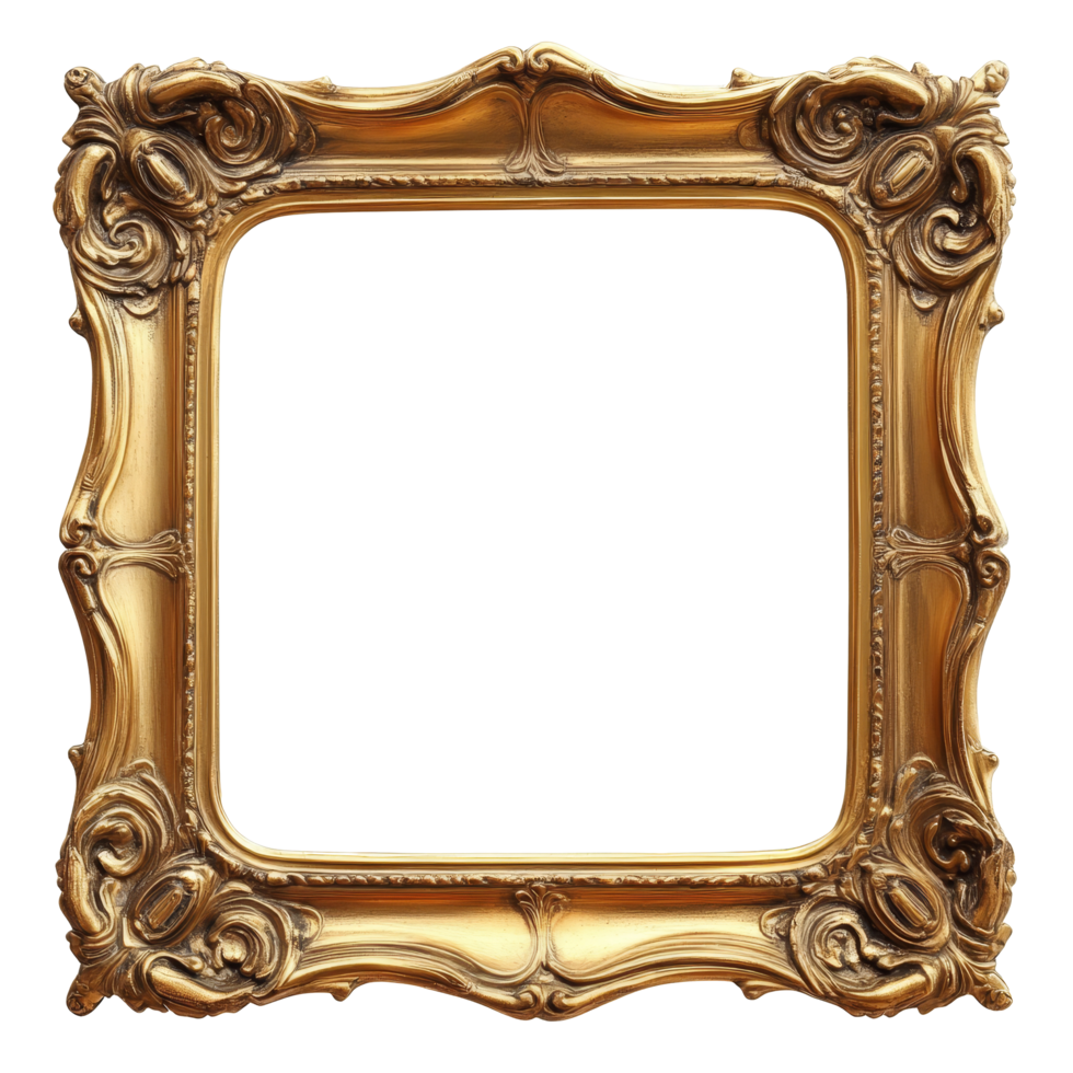 Beautiful golden baroque picture frame intricately designed on a clean transparent background for artistic displays, golden baroque picture frame isolated on transparent png