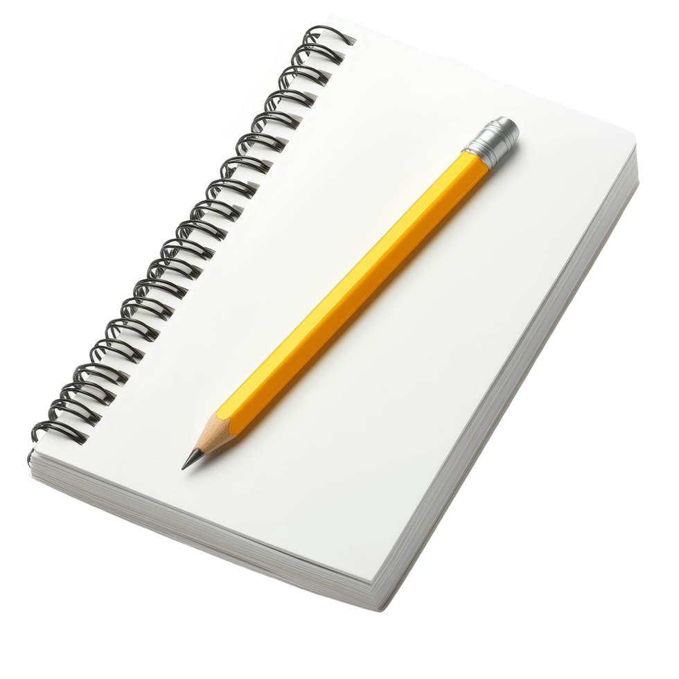 Blank notebook with a yellow pencil resting on a transparent background ready for notes or sketches, Notebook with Pencil Isolated on transparent background png