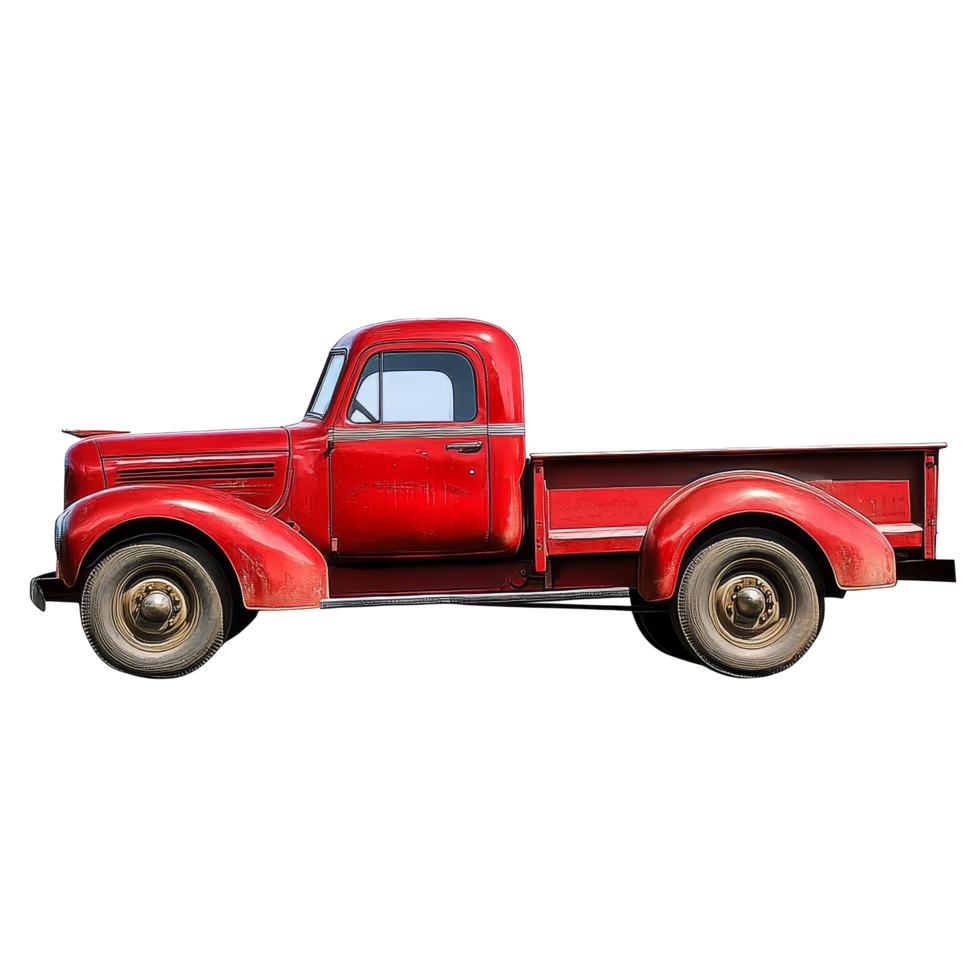 A vintage red truck parked in the sunlight, showcasing its classic design and wellworn features, red truck isolated png