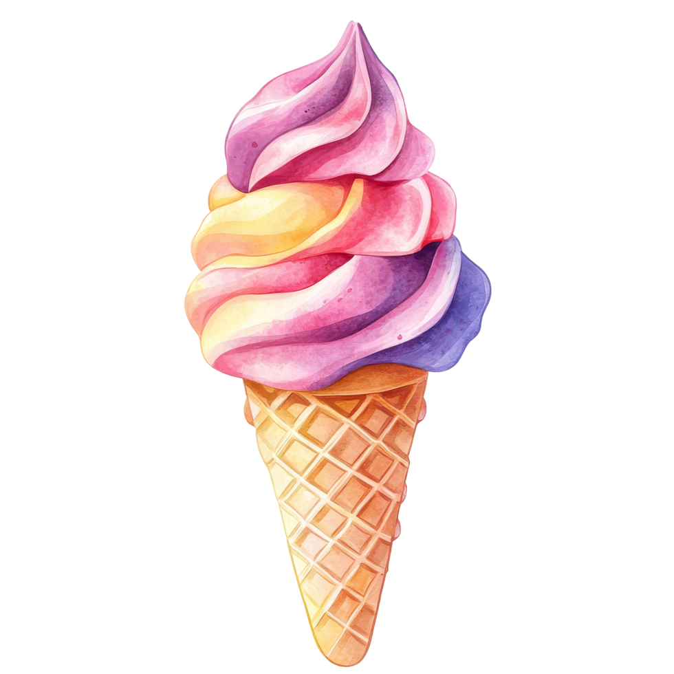 Cute realistic watercolor ice cream cone with swirls of pink, yellow, and purple against a clean transparent background, Realistic cute cartoon ice cream on transparent background png