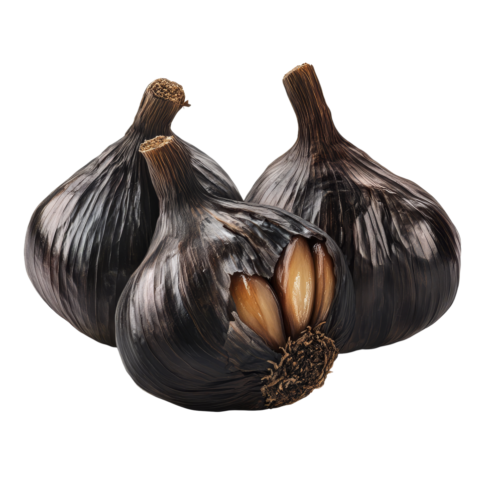 Black garlic bulbs isolated on a transparent background showcasing their unique texture and appearance, Black garlic bulbs isolated on transparent background png