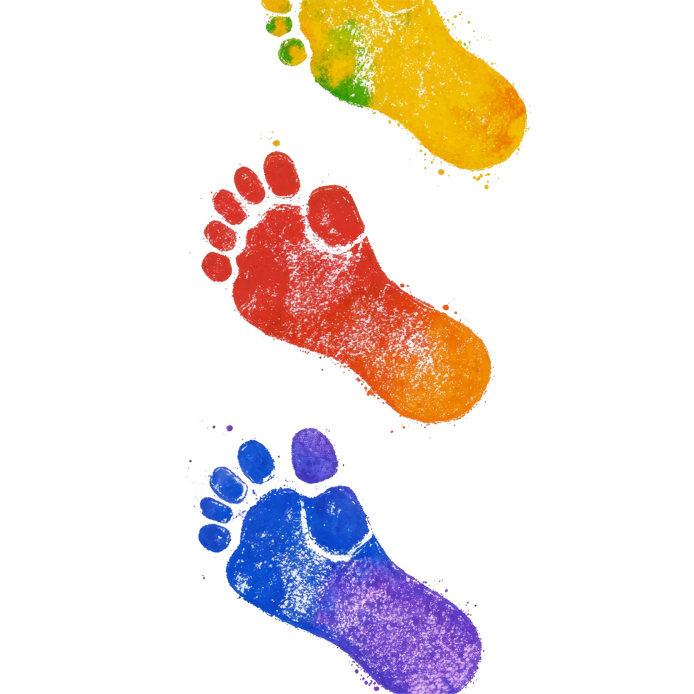 Colorful footprints create a vibrant trail on surface under bright daylight, showcasing a journey, colorful footprints straight walking in a trail on transparent background png