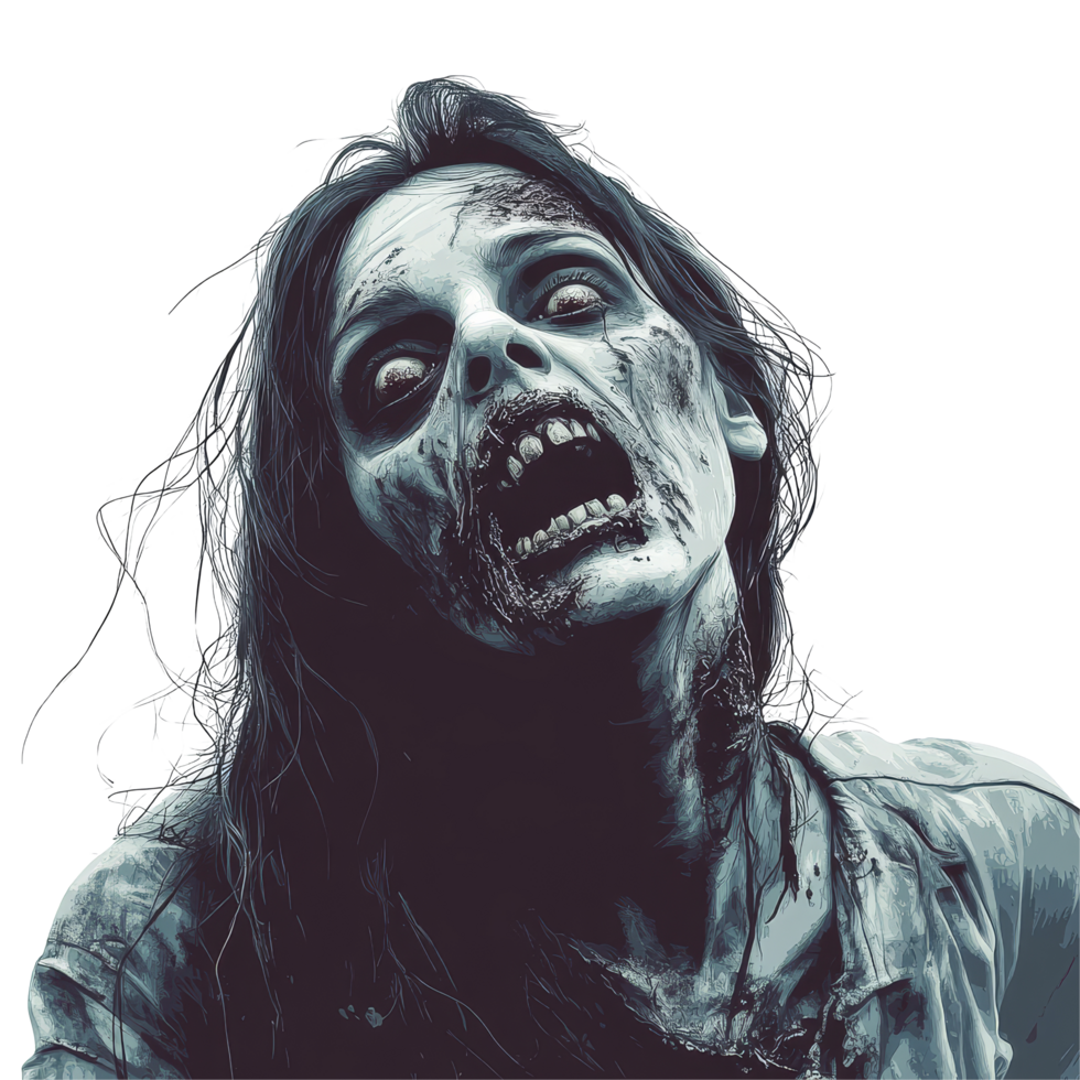 Terrifying female zombie with haunting expression on a stark transparent background, Terrifying Female Zombie transparent background png