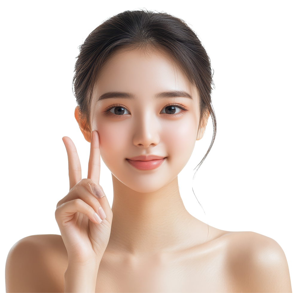 Young Asian woman displaying a peace sign against a light backdrop showcasing her healthy skin, Young Asian woman with healthy and perfect skin shows OK signal transparent background png