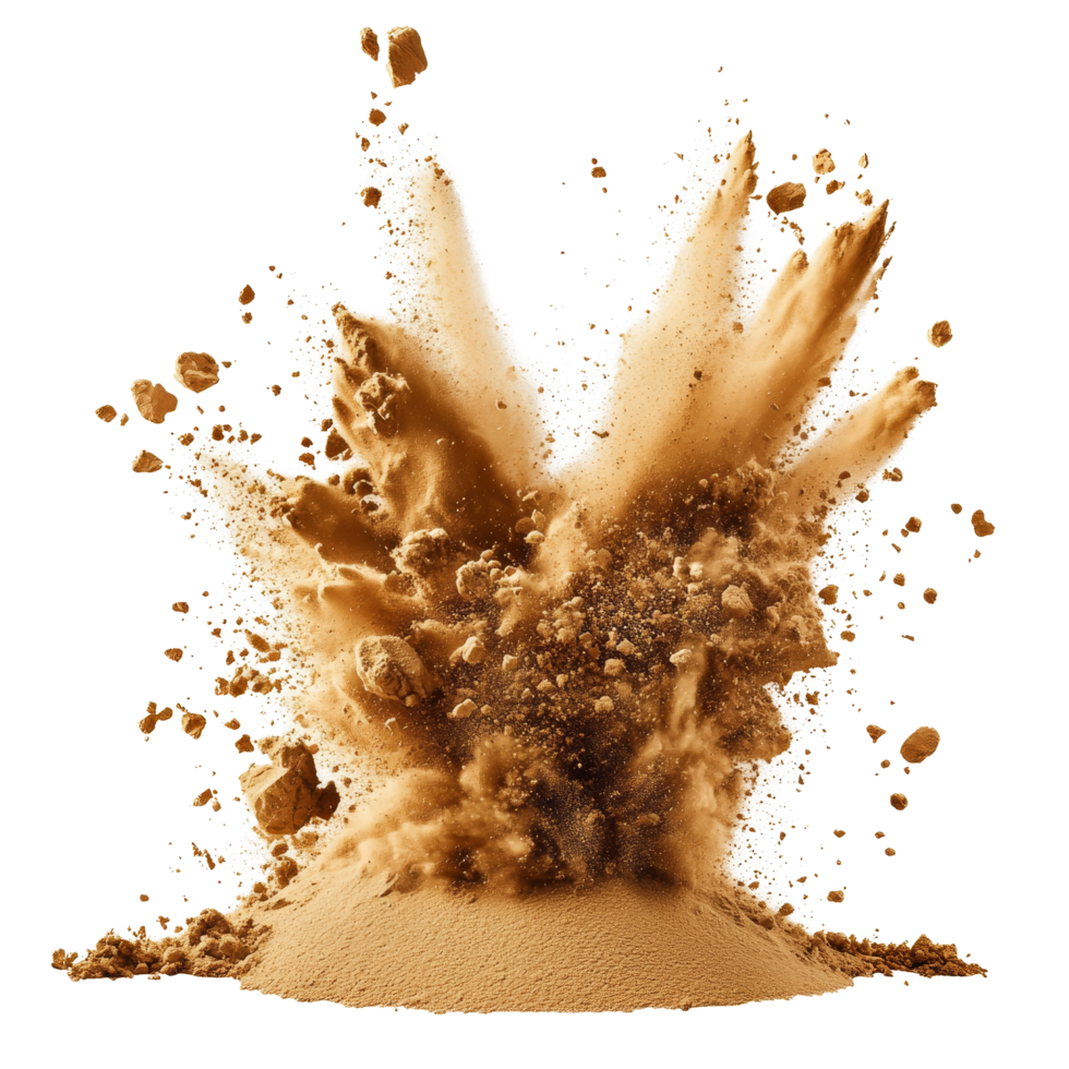 Desert sand explosion creating a dramatic pile of fine particles on a transparent background, pile desert sand explosion isolated on transparent backgroundfile png