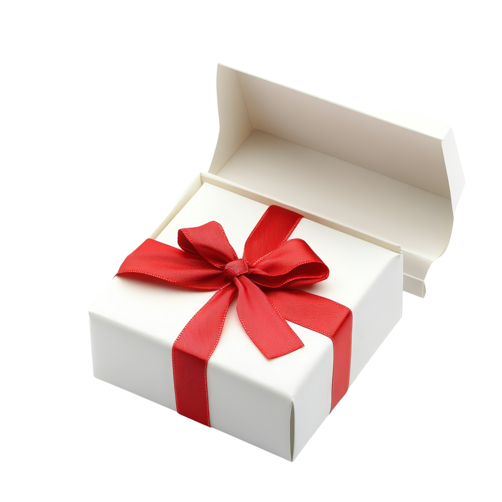A beautifully wrapped transparent gift box with a bright red bow, perfect for special occasions or celebrations, transparent color open gift box with gold ribbon isolated png
