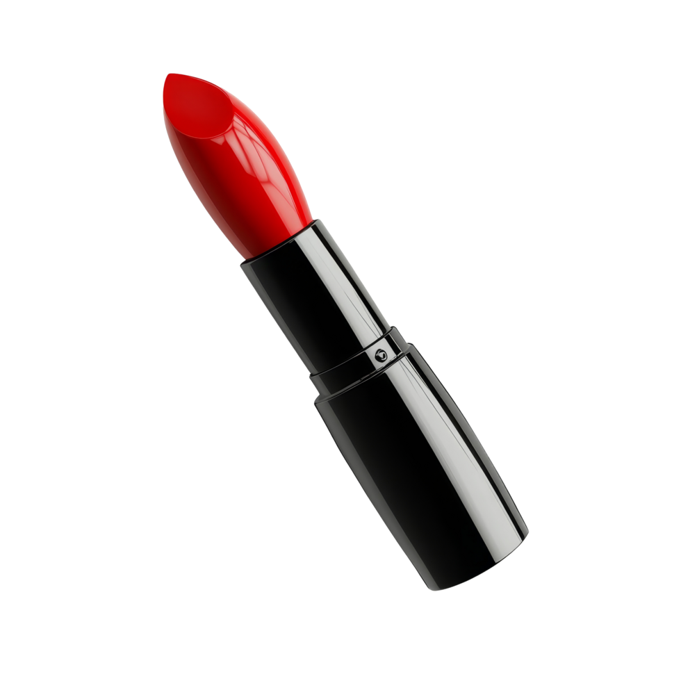 Bright red lipstick with a sleek black casing on a clean transparent background, showcasing beauty and elegance, Red lipstick isolated on transparent background, 3D render. png