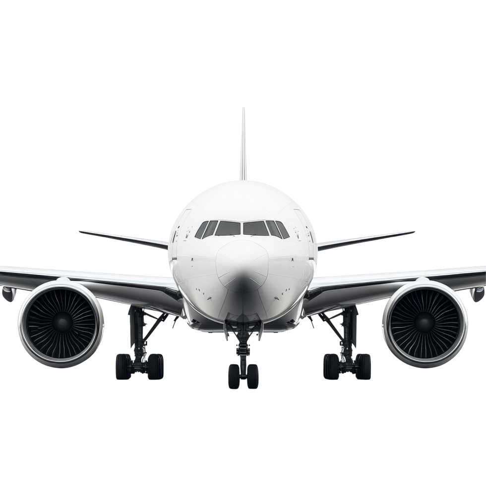 Front view of a modern airplane with engines showcased against a plain transparent background on a clear day, Front View of Airplane on transparent background png