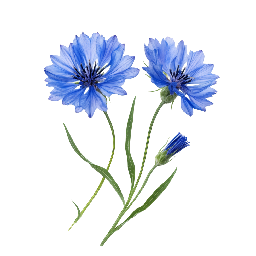 Cornflowers blooming gracefully against a transparent background, showcasing delicate blue petals and green stems for a fresh floral appeal, cornflowers isolated transparent background png