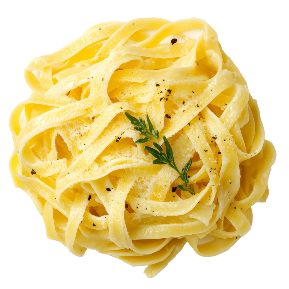 Creamy cheese pasta served elegantly on a transparent background, showcasing a vibrant hue and garnished with fresh herbs, Cheese pasta on transparent background png