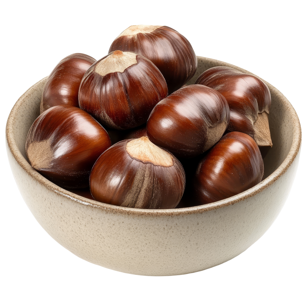 Organic chestnuts overflowing in a rustic bowl set against a clean transparent background, Organic chestnuts in a bowl on a transparent background png