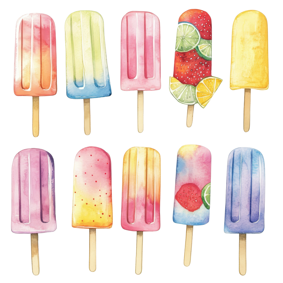 Colorful watercolor popsicles collection perfect for summer designs and cheerful illustrations, Heart Illustration Delicate and Expressive, Perfect for Artistic Decor. png