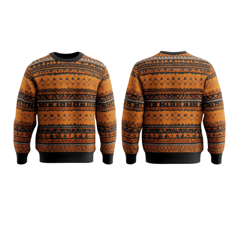 Front and back views of a cozy knitted sweater mockup against a plain transparent background, Sweater Mockup from Front and Back Views on transparent background png