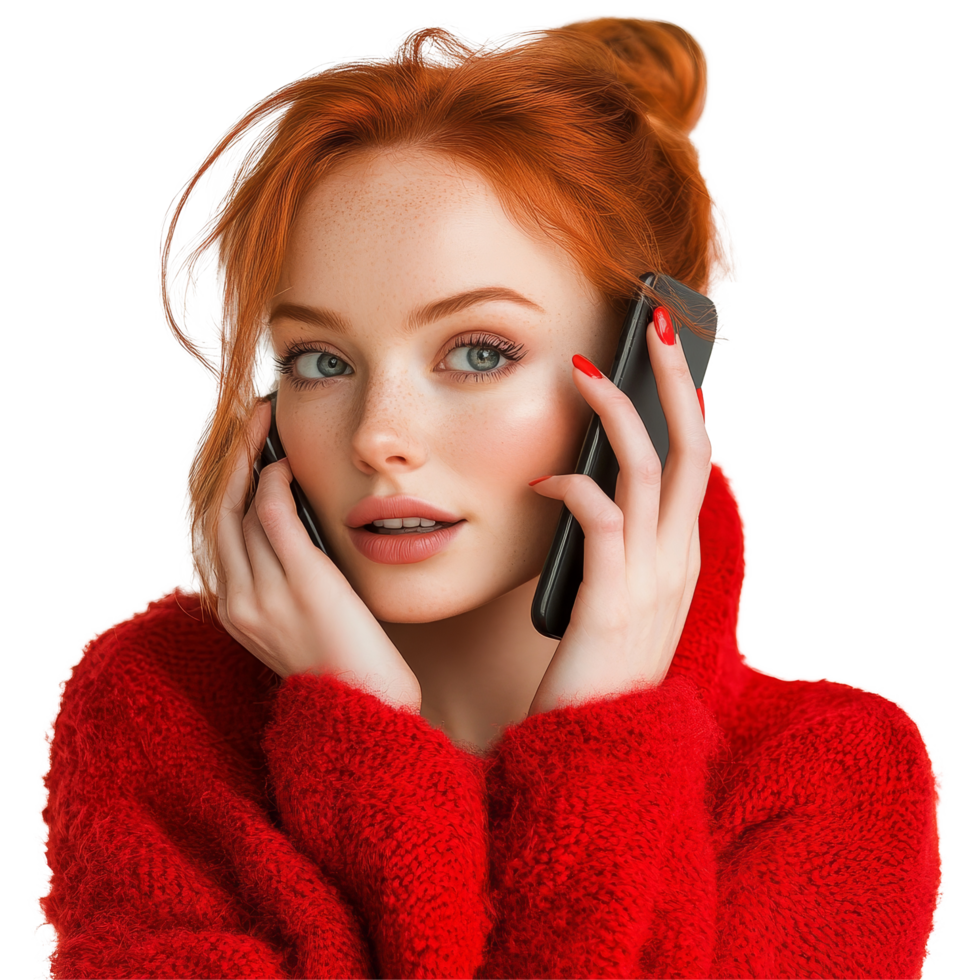 This young woman with vibrant red hair engages in a lively conversation on two phones, Redhead with Phone on transparent background png