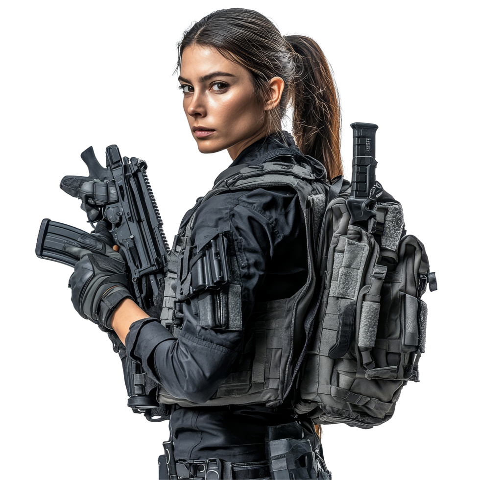 Female tactical agent in gear poses with dual guns in an urban environment during a training exercise, Female Agent in Tactical Gear Holding Dual Guns Isolated on transparent background png