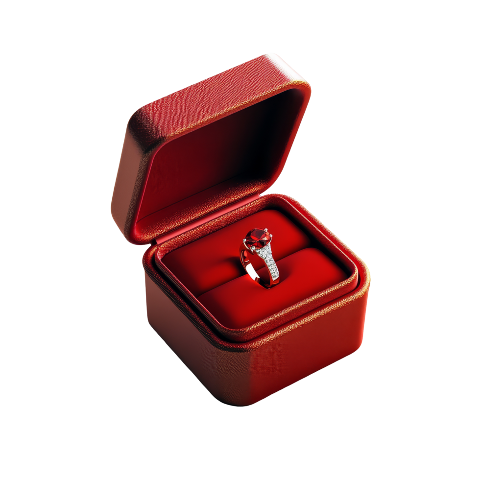 Elegant red ring box with a sparkling gemstone resting on soft fabric against a minimalistic transparent background, red ring box on transparent backgroundfile png