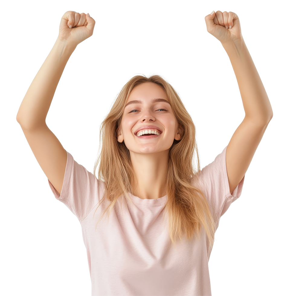 Woman joyfully raises her hands in celebration, expressing happiness in a bright indoor setting, woman reverently raises her hands up rejoicing, file of isolated object on transparent background png