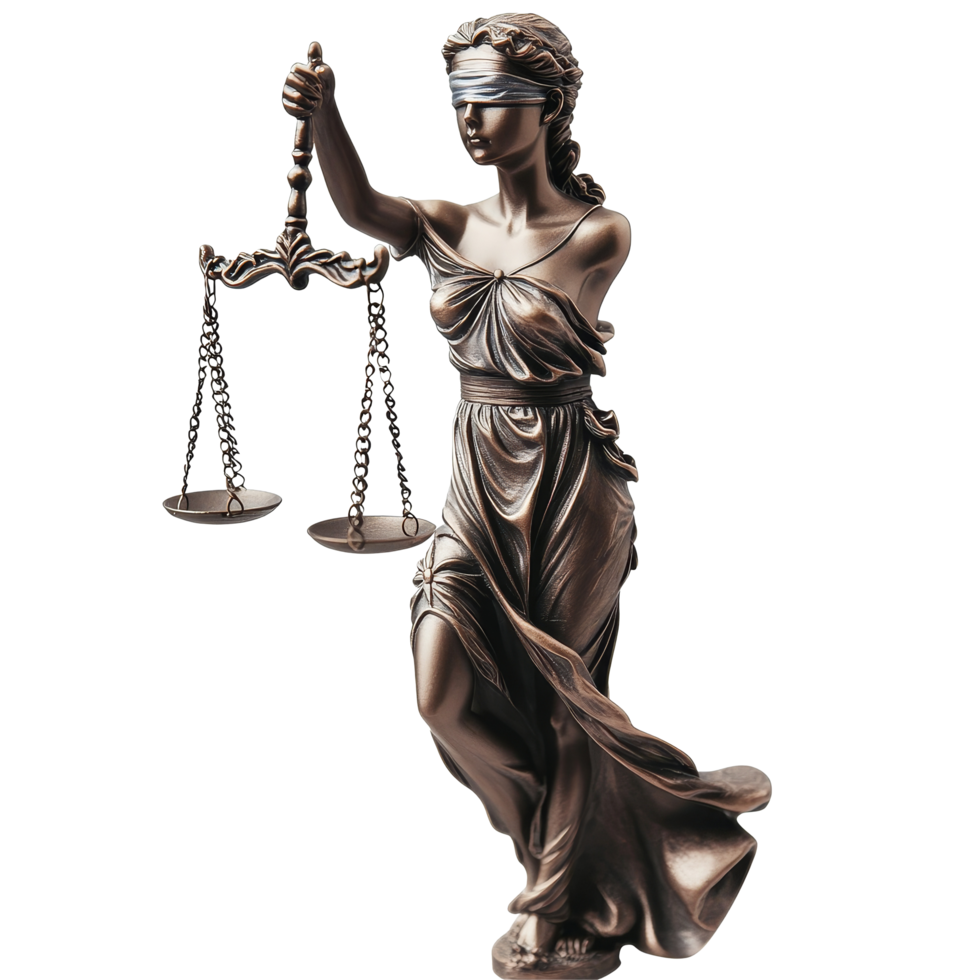 Lady Justice statue with blindfold and scales symbolizes fairness and impartiality in the legal system, Lady Justice Blindfolded with Scales Symbol of Fairness on transparent background png