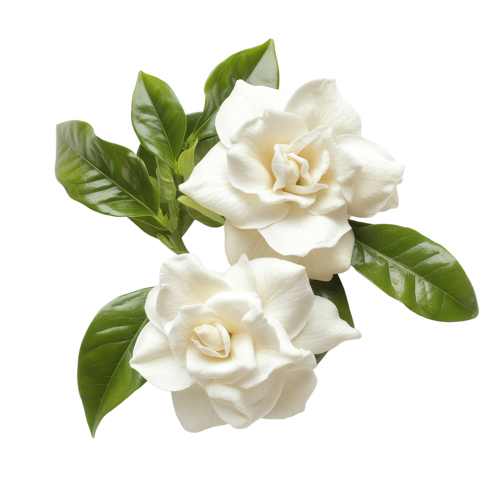 Beautiful Gardenia flowers with green leaves isolated against a transparent background, of Gardenia flowers isolated on transparent background png
