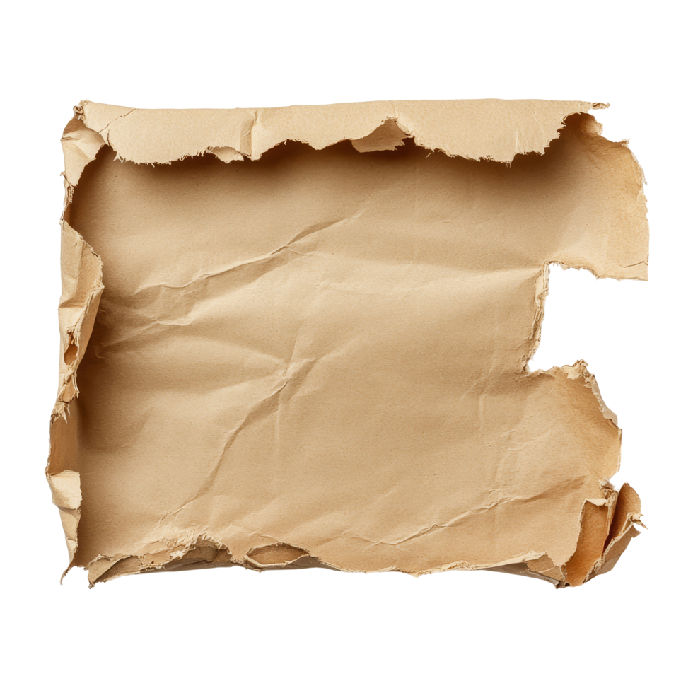 Torn open brown packing paper isolated on a transparent background with delicate creases and natural texture details, torn open brown packing paper isolated on transparent background png