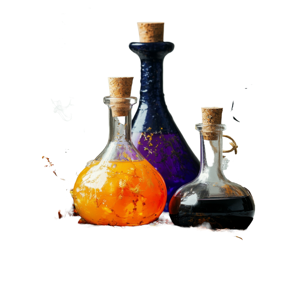 Colorful magic potions for Halloween decoration on a transparent background with autumn elements, Magic potions halloween decoration on transparent background png
