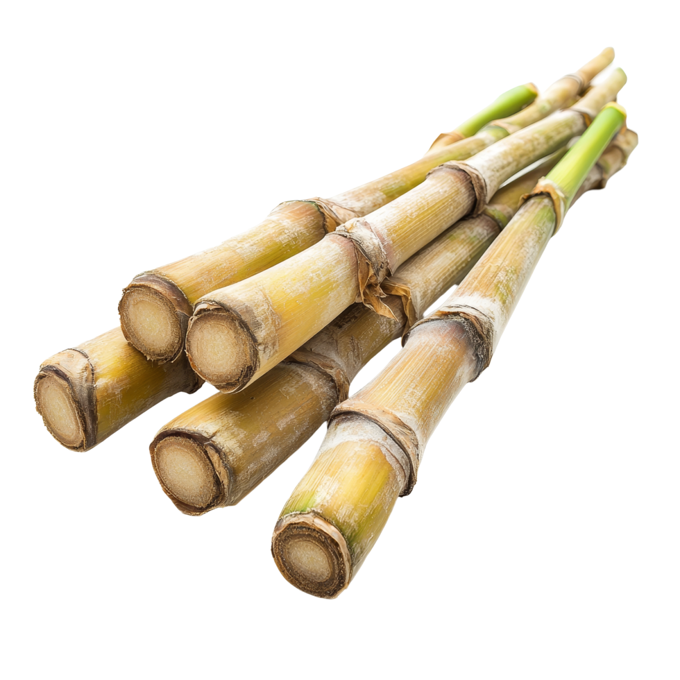 Fresh sugar cane stalks arranged on a clean transparent background, highlighted for agricultural and culinary use, sugar cane on transparent background png