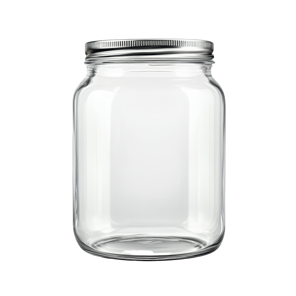 Transparent glass jar with a metal lid isolated against a clean transparent background, perfect for various storage needs, Empty glass jar isolated on transparent background png