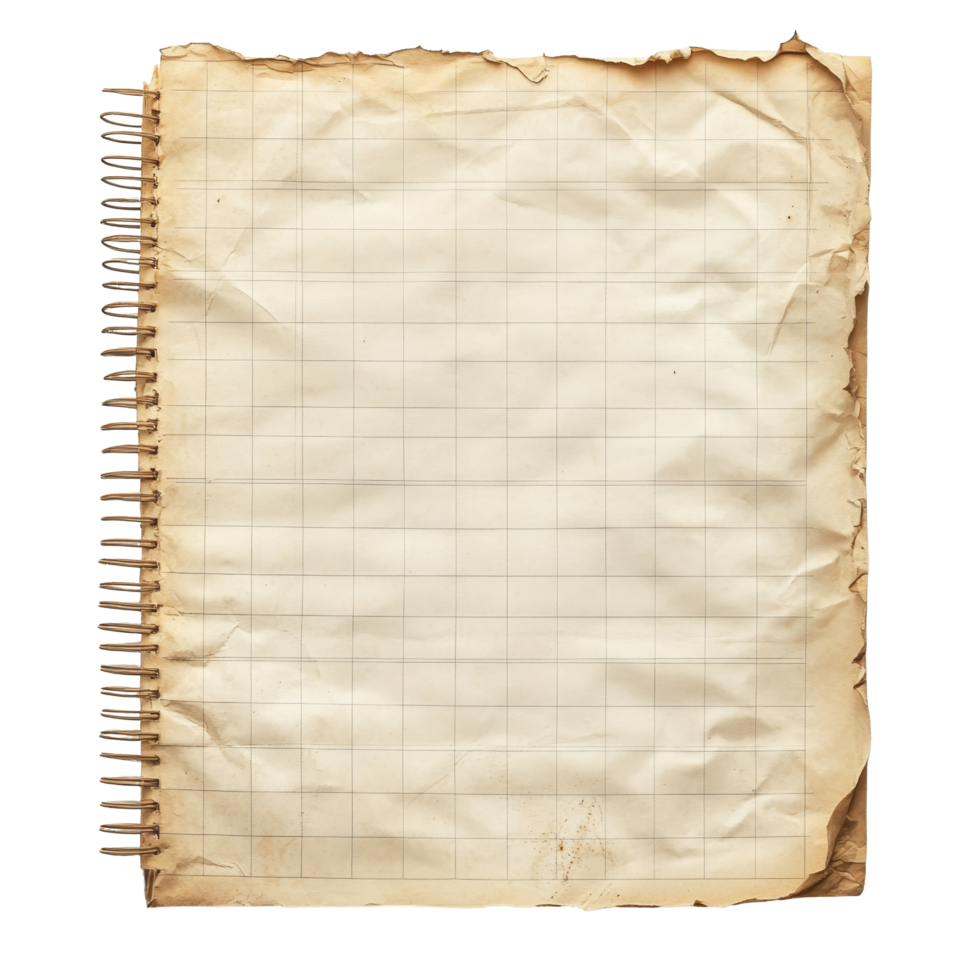 A vintage sheet of gridlined notebook paper with a worn, aged appearance ready for sketches or notes, old a sheet of notebook paper with grid lines on transparent backgroundfile png