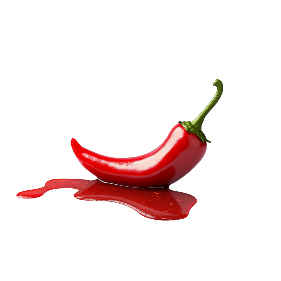 Chili pepper with vibrant red sauce oozing from a cut, resting on a clean surface with scattered seeds nearby, Chili Sauce Leaking From a Chili Pepper Cut Stock Photo png