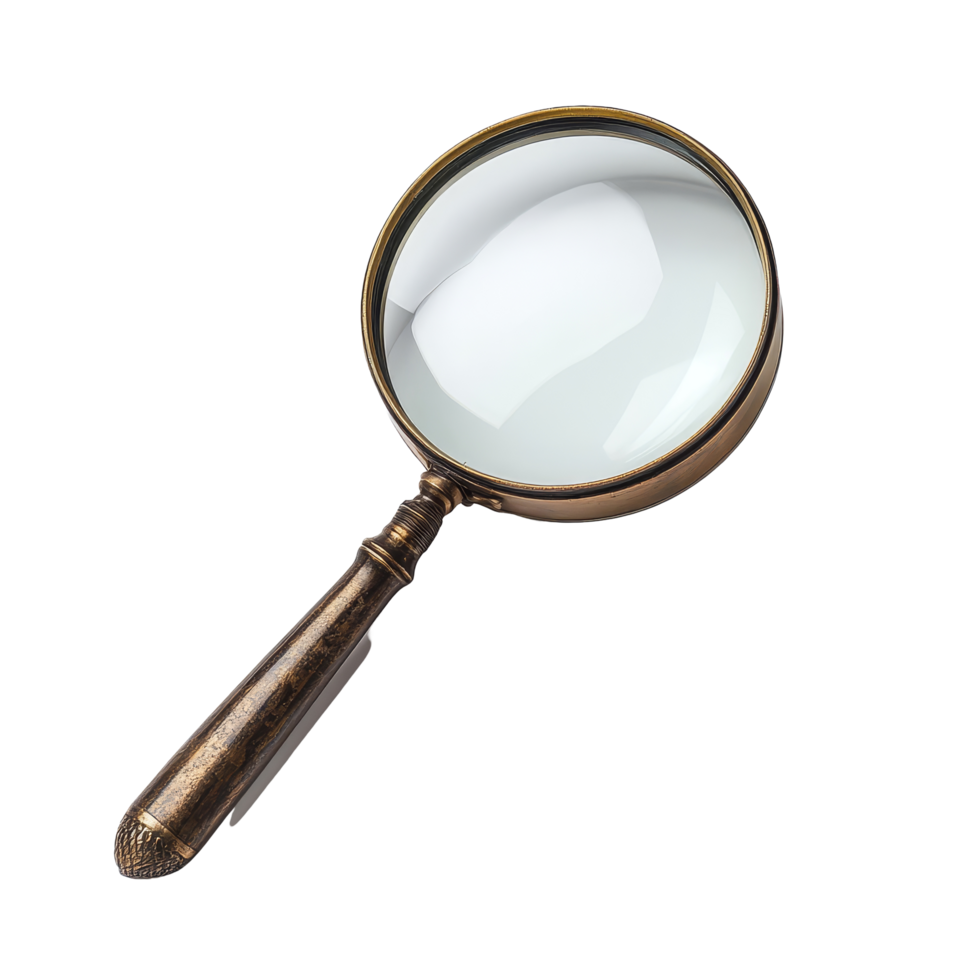 Vintage retro style magnifying glass lens with a brass handle resting on a transparent background, perfect for collectors, Vintage Retro Style Magnifying Glass Lens transparent background png