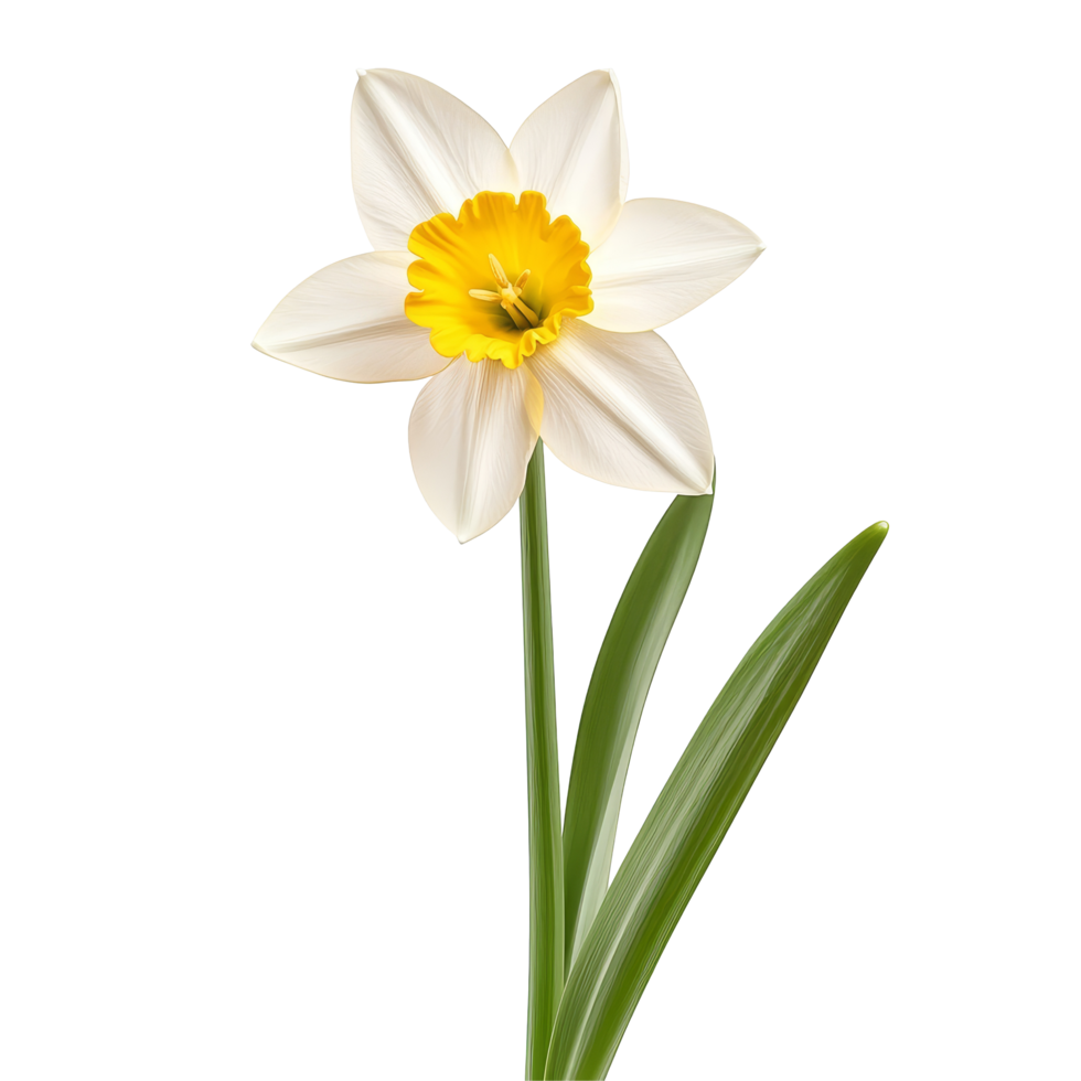 Daffodil flower isolated on a transparent background highlighting its delicate petals and vibrant yellow center in bright, natural light, dafodil flower isolated on transparent background png