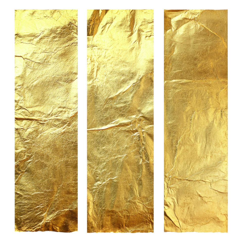 Three gold foil textures isolated on a transparent background for design and craft applications, Three gold foil textures are isolated on a transparent background. Golden foil transparent background png