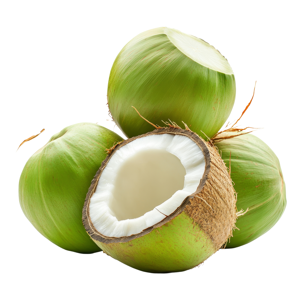 Fresh green coconuts on a transparent background, showcasing their natural beauty and a hint of tropical essence, Green coconuts on transparent background png
