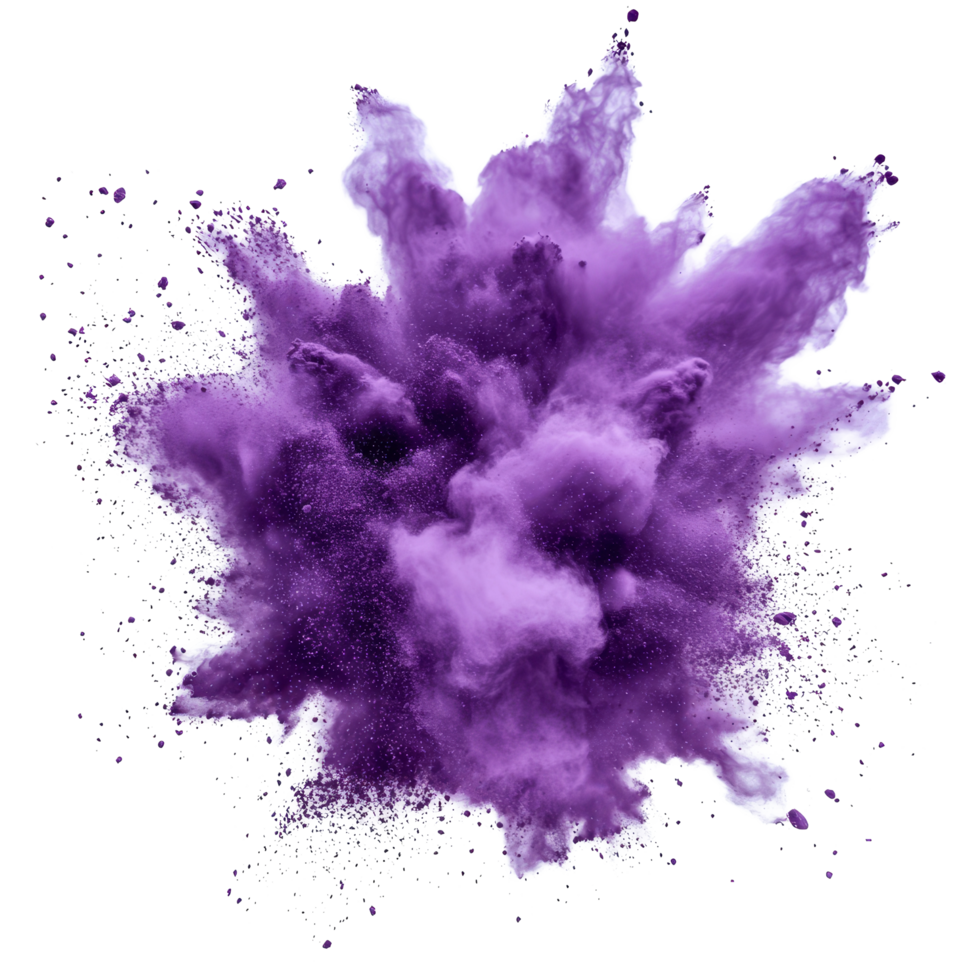 Purple powder explosion isolated on a transparent background showcasing vibrant color and dynamic motion, purple powder pulver explosion isolated on transparent background png