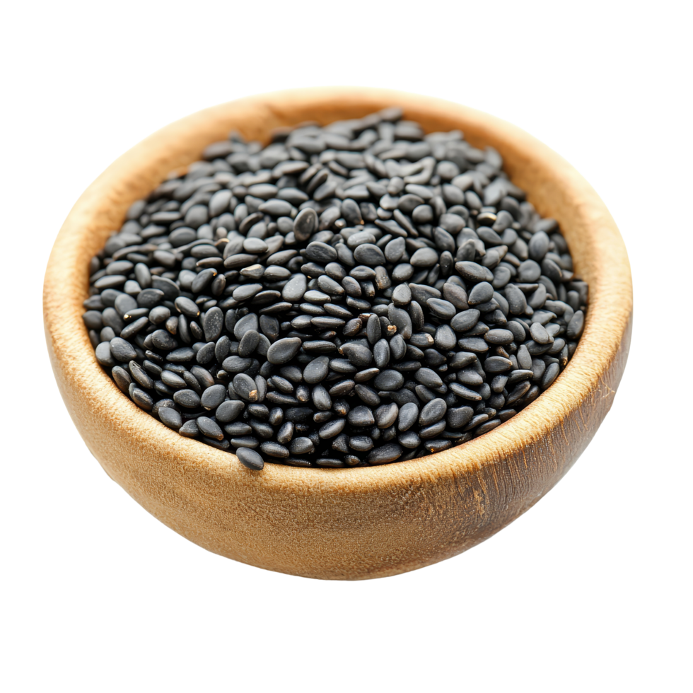 Black organic sesame seeds in a wooden bowl on a transparent background for culinary use, Black organic sesame seeds isolated on transparent background png
