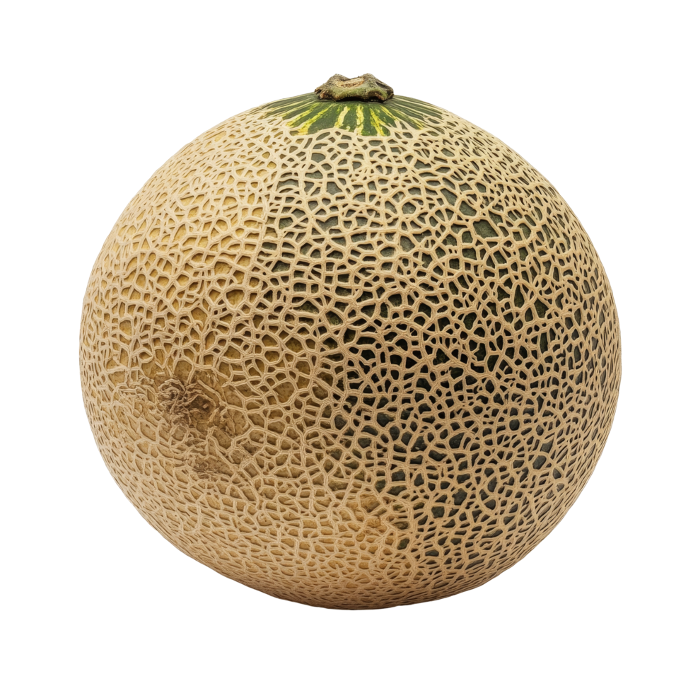 Fresh cantaloupe melon rests on a clean transparent background, showcasing its textured skin and vibrant colors, melon on transparent background png