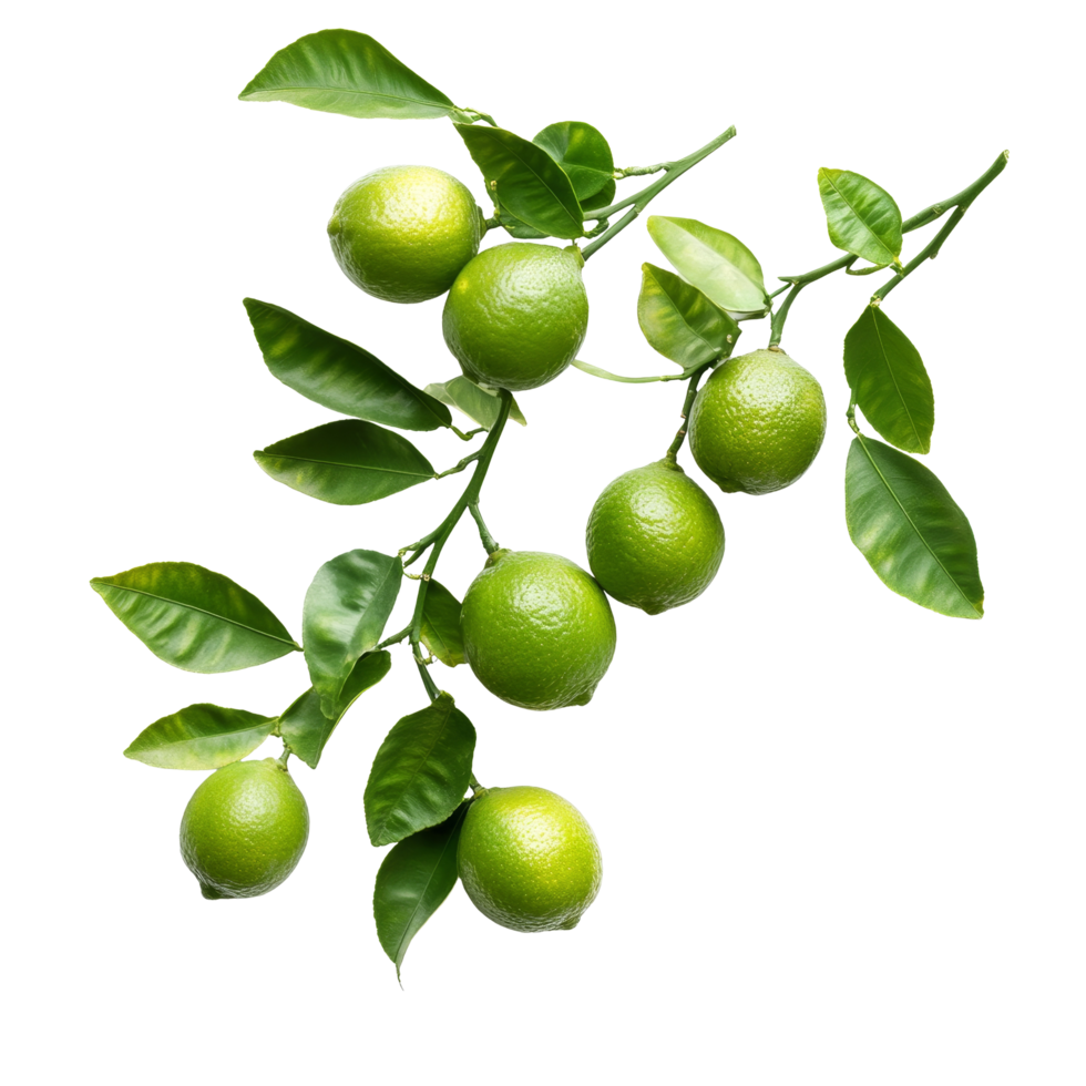 Fresh limes with vibrant green leaves on a transparent background showcasing natural beauty, Branch of delicious limes on transparent background cutouts png