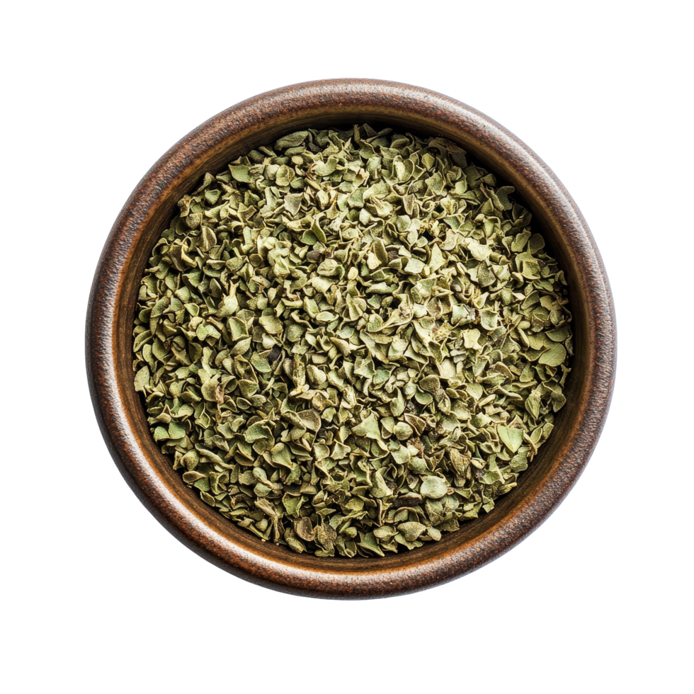 Dried oregano spice in a wooden bowl on a clean transparent background ready for culinary use, Oregano spice in a bowl on transparent background png