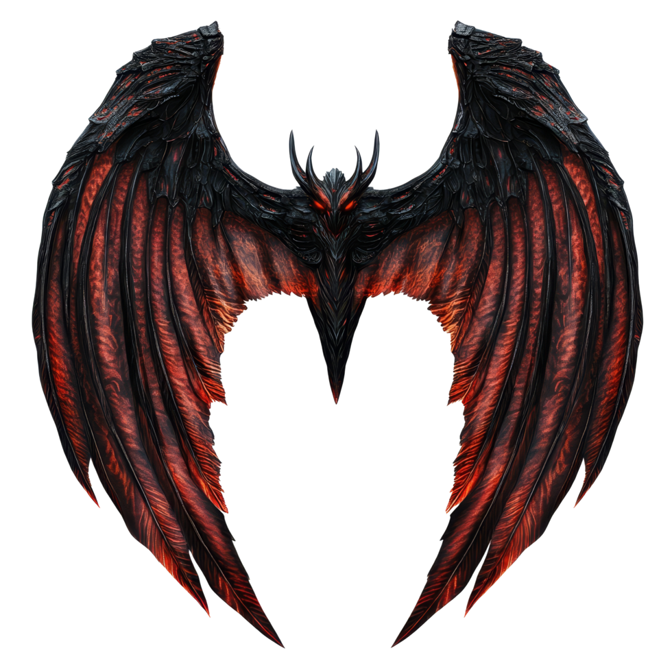 Intricate demon wings with red and black detailing displayed against a transparent background showcasing their design quality, Demon wings on transparent background png