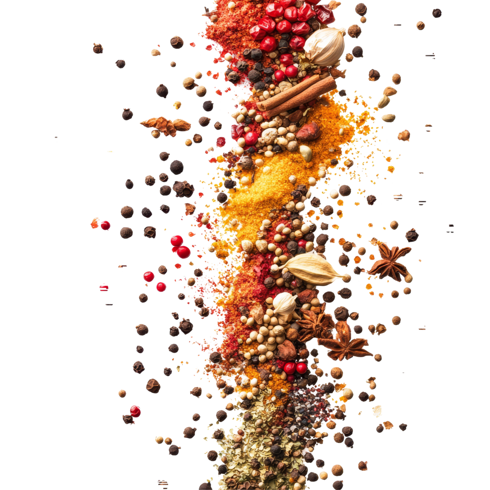 Colorful spices gracefully float in the air against a transparent background during a culinary showcase, Various colorful of spices floating on the air isolated on transparent background or png