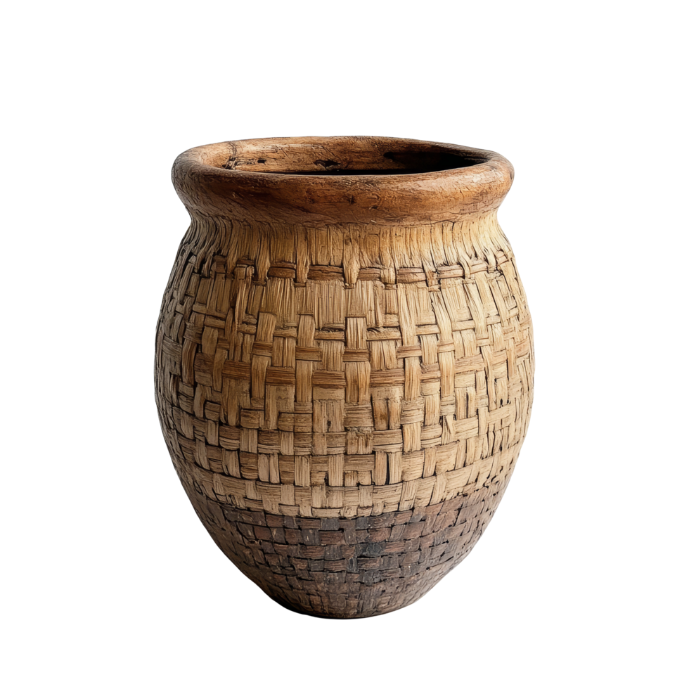 A handcrafted wood basket pot on a clean, transparent background highlighting its natural texture and traditional design, wood basket pot on transparent background png