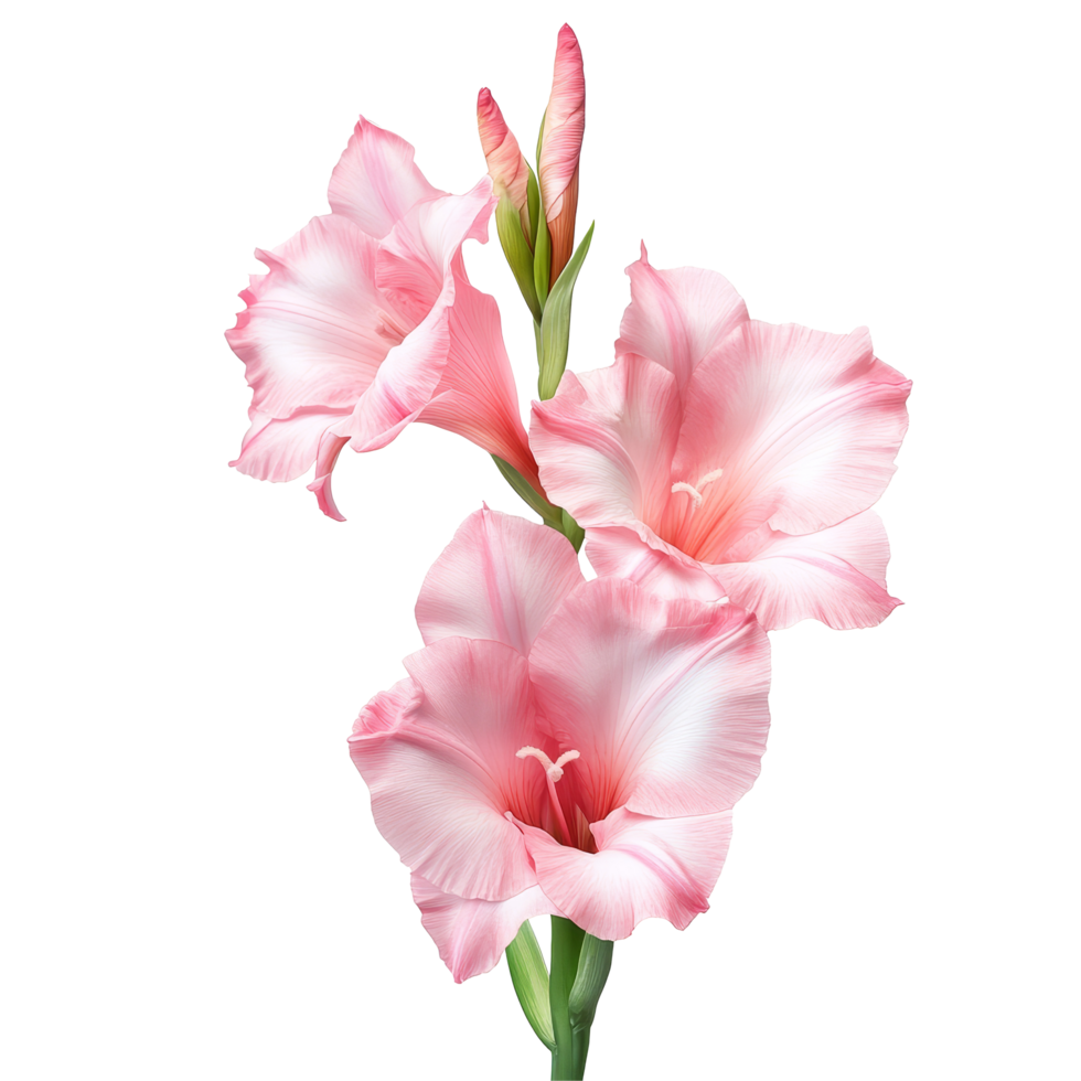 Soft pink gladiolus with delicate petals and vibrant green stems on a transparent background, gladiolus flower isolated on transparent background png