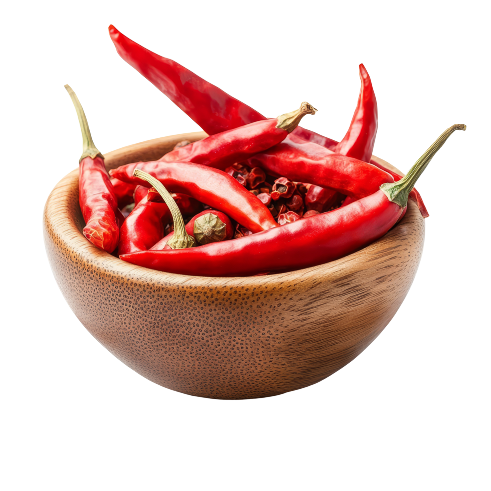 Cayenne peppers in a wooden bowl on a transparent background showcasing vibrant colors and natural textures, Cayenne pepper in wood bowl on transparent background png