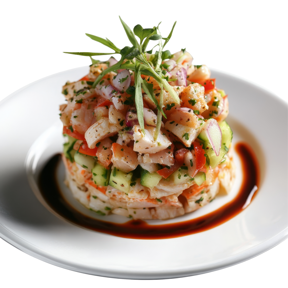 Gourmet crab salad layered with fresh vegetables and herbs served on a transparent plate against a clean background, Isolated portion of gourmet crab salad png