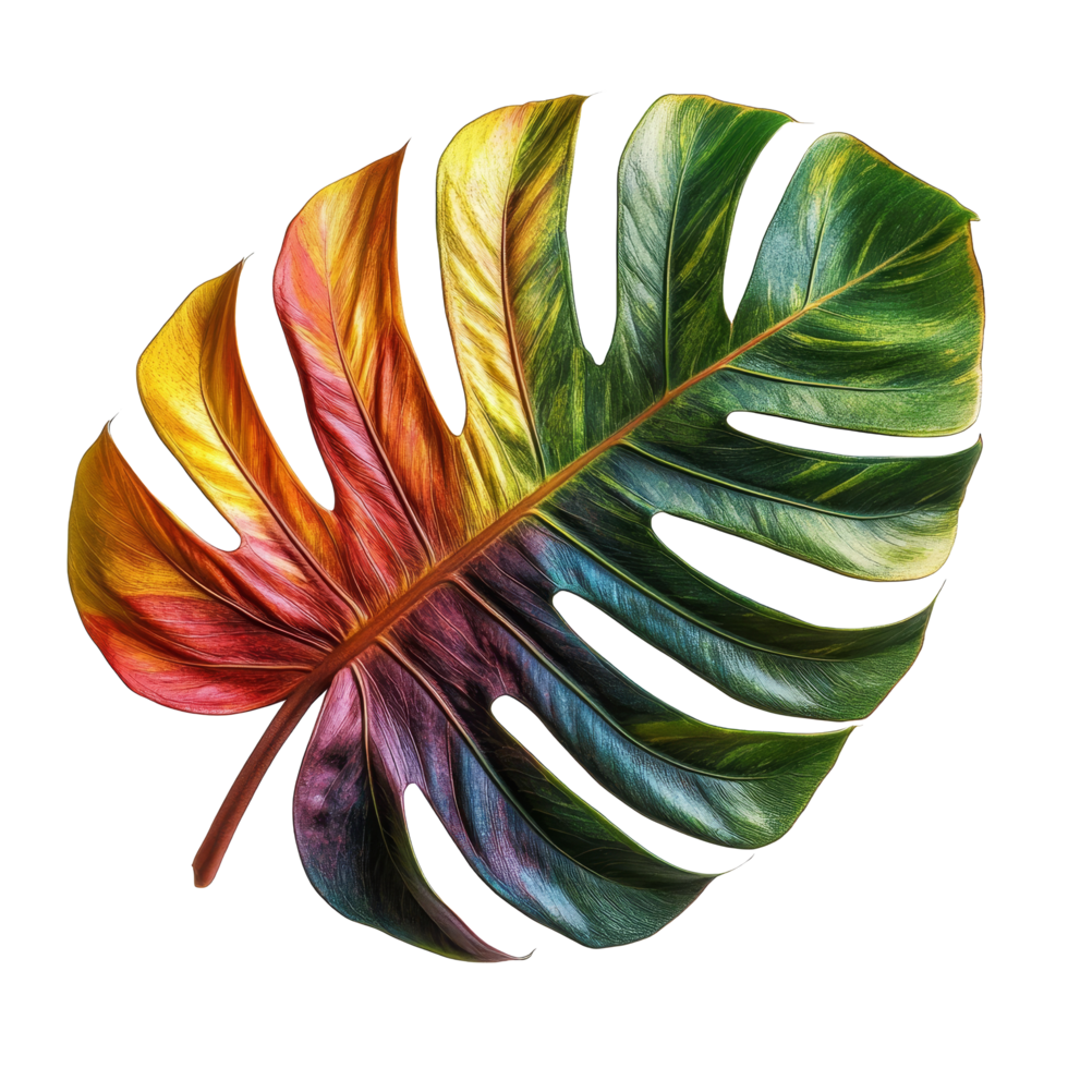 A vibrant tropical leaf displaying a spectrum of colors against a pristine transparent background, colorful exotic tropical leaf isolated transparent background png
