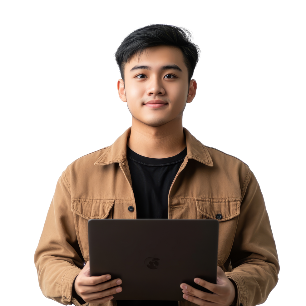 Young Asian man working on a laptop against a plain transparent background during a casual indoor session, Young Asian Man with Laptop on transparent background png