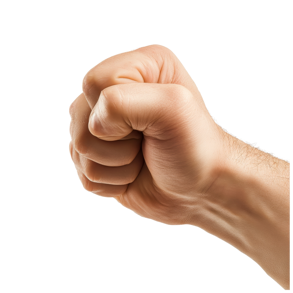 A strong fist is confidently outstretched forward from a side view against a transparent background, Fist outstretched forward, side view, isolated on transparent background png