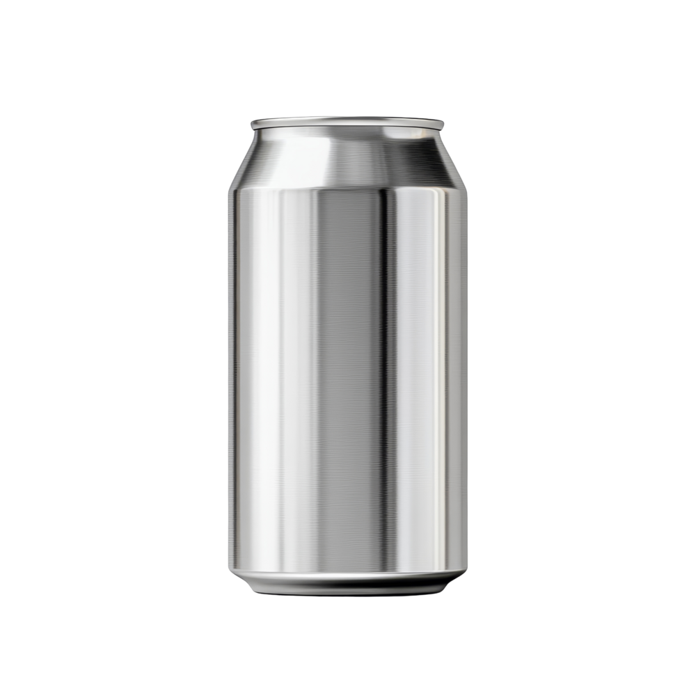 Aluminum soda can mockup showcasing a sleek silver design on a clean transparent background, 330 ml Aluminum Soda Can Mockup on transparent background HighResolution png