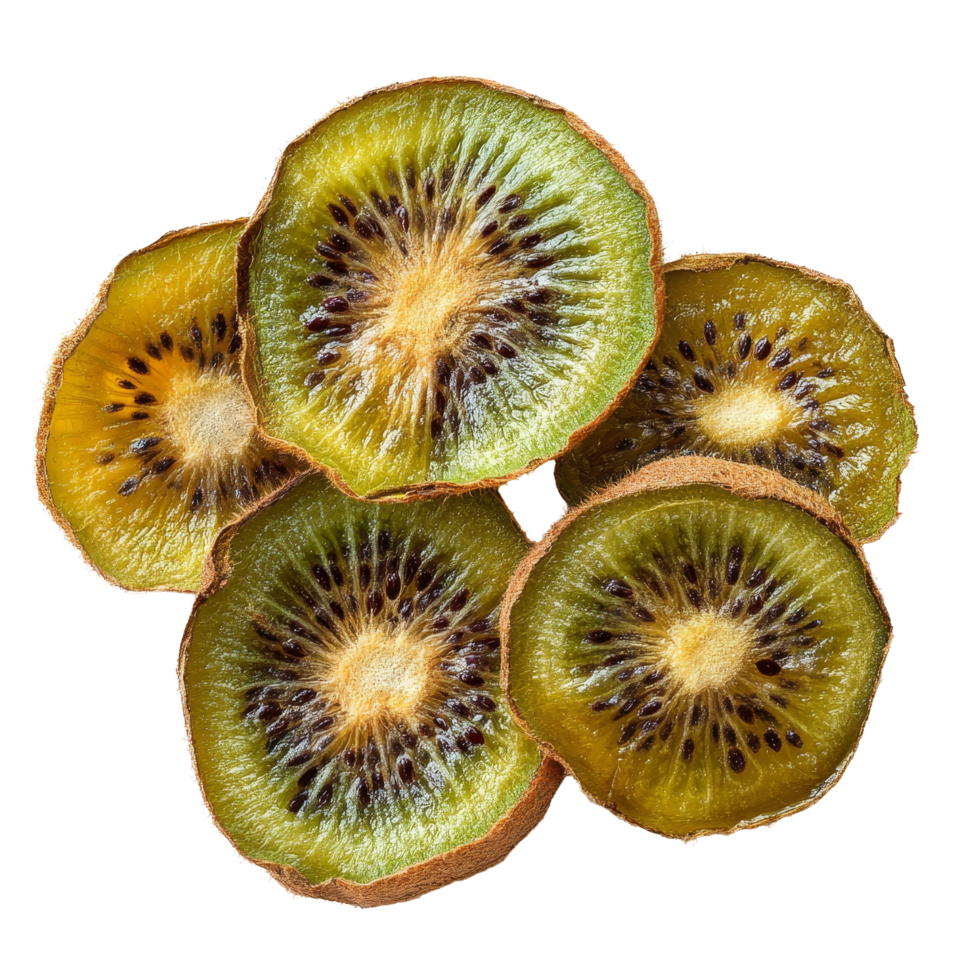 Dried kiwi slices arranged on a clean transparent background showcasing vibrant colors and textures of the fruit, kiwi dried on transparent background png