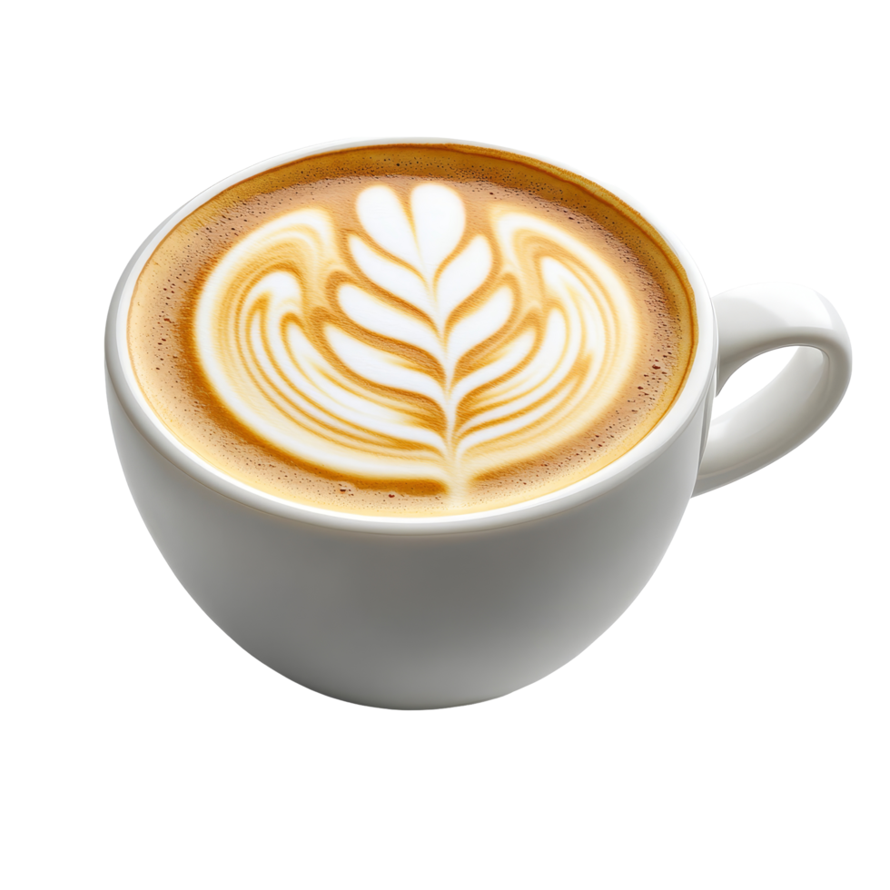 A beautifully crafted cup of latte artistry featuring intricate design on a bright transparent background with a touch of tone, Cup of latte transparent background png